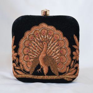 Black and Gold Velvet Hand Embroidered Peacock Indian Hand Clutch Bag